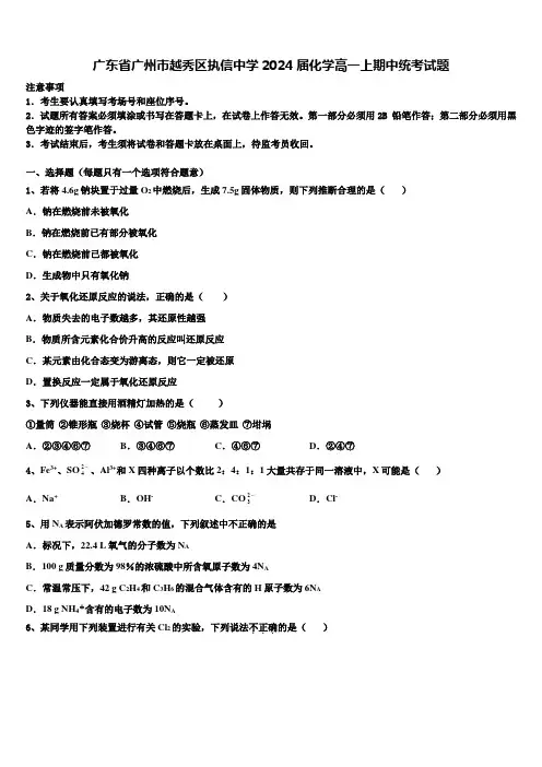 广东省广州市越秀区执信中学2024届化学高一上期中统考试题含解析