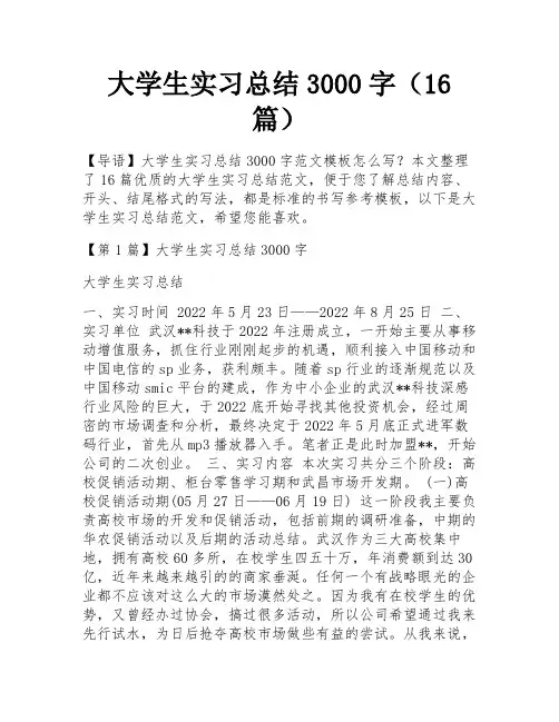 大学生实习总结3000字(16篇)