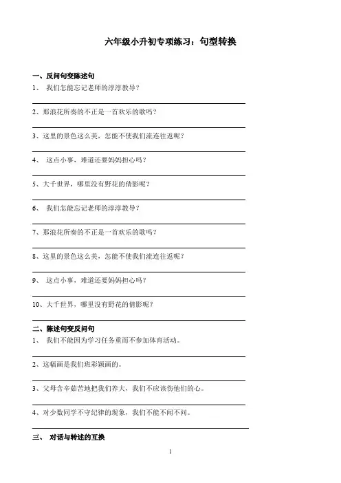 六年级小升初语文专项练习：句型转换