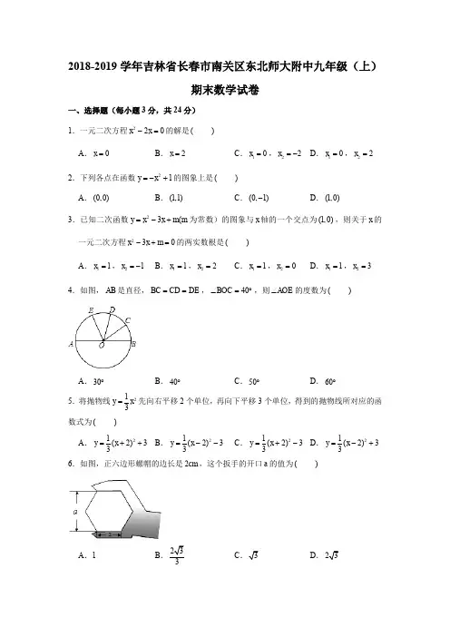 2018-2019学年吉林省长春市南关区东北师大附中九年级(上)期末数学试卷试题及答案(解析版)