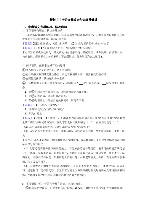 新初中中考语文修改病句训练及解析