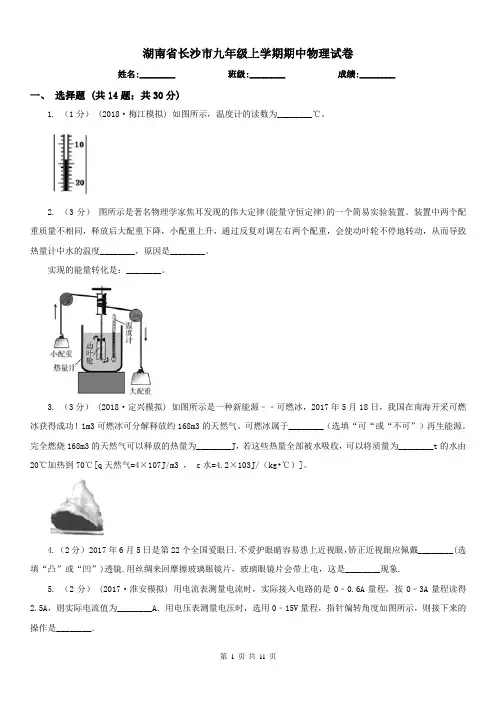 湖南省长沙市九年级上学期期中物理试卷