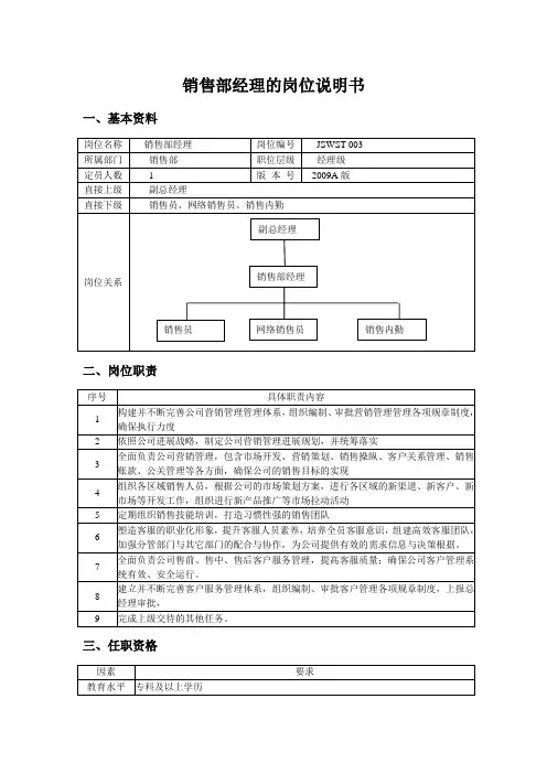 销售部经理的岗位说明书