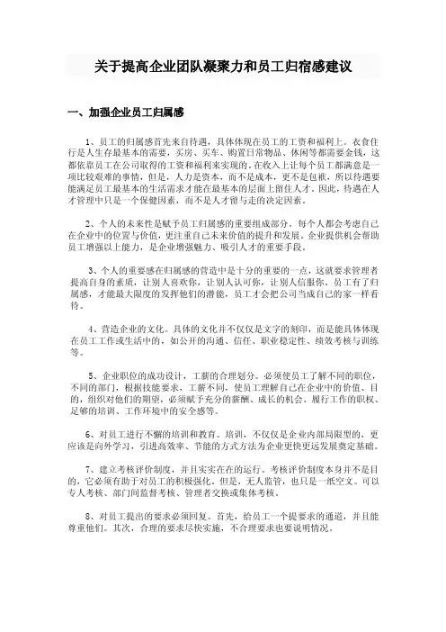 关于提高企业团队凝聚力和员工归宿感建议