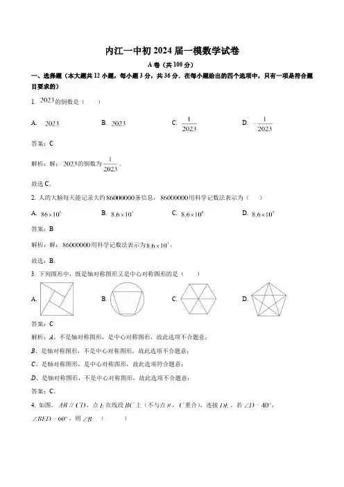 四川省内江市第一中学2024届九年级下学期中考一模数学试卷(含解析)