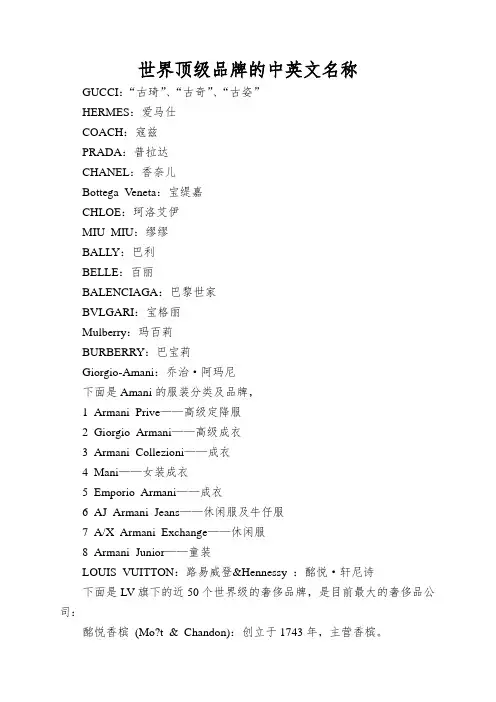 世界顶级品牌的中英文名称