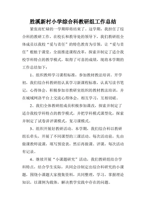 胜溪新村小学综合科教研组工作总结