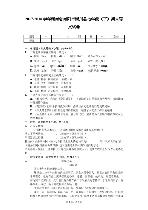 2017-2018学年河南七年级(下)期末试题