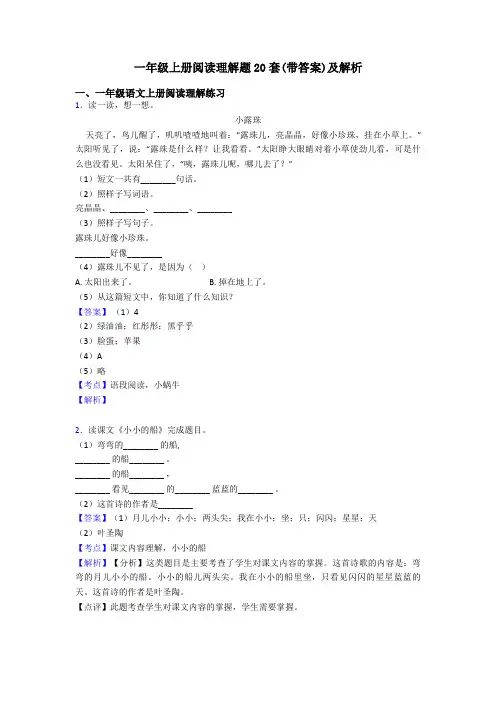 一年级一年级上册阅读理解题20套(带答案)及解析