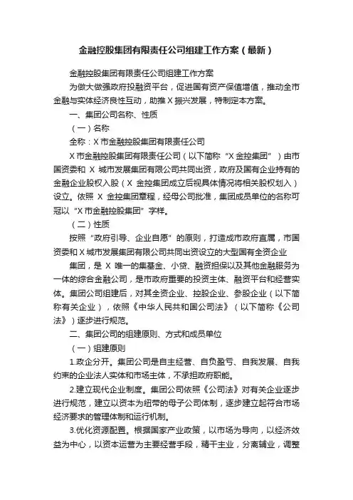 金融控股集团有限责任公司组建工作方案（最新）