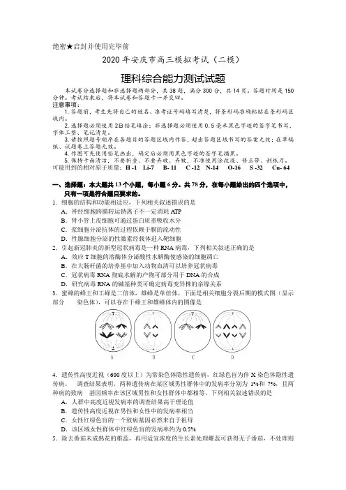 安徽省安庆市2020届高三第二次模拟考试(二模)理科综合试题(含答案)