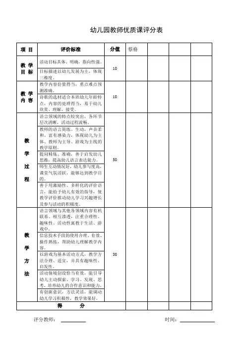 幼儿园青年教师优质课评分表
