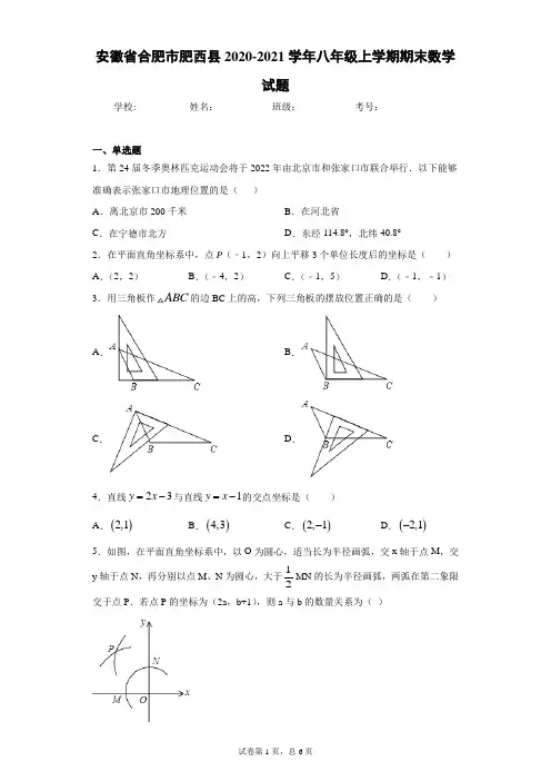 安徽省合肥市肥西县2020-2021学年八年级上学期期末数学试题(word版含答案)