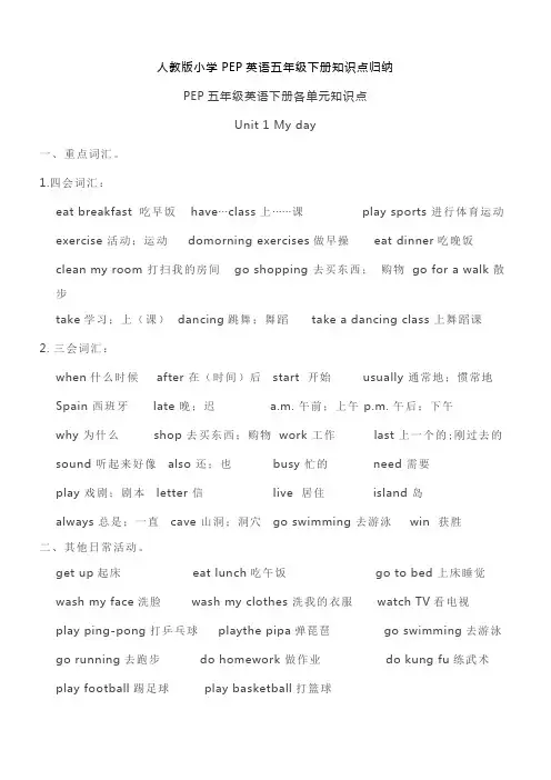 人教PEP版小学五年级英语下册知识点汇总及复习要点