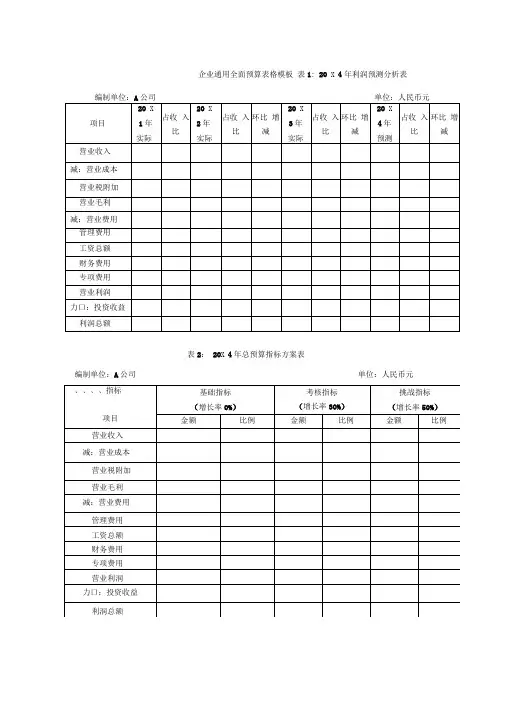 企业通用全面预算表格模板