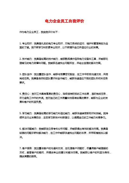 电力企业员工自我评价
