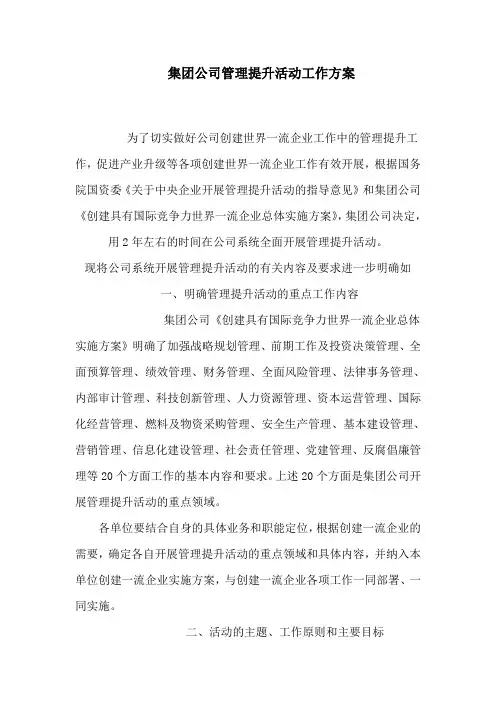 集团公司管理提升工作方案