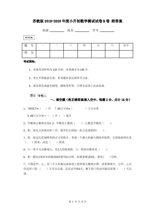 苏教版2019-2020年度小升初数学测试试卷B卷 附答案