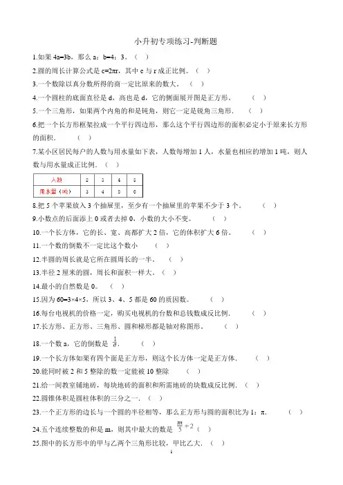 六年级下册数学试题-小升初专项 判断题 人教新课标(2014秋)(含解析)