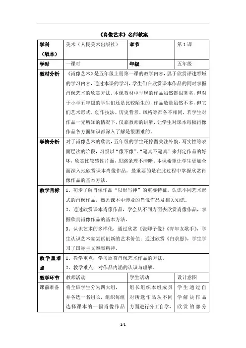 人美版五年级美术上册《肖像艺术》名师教案