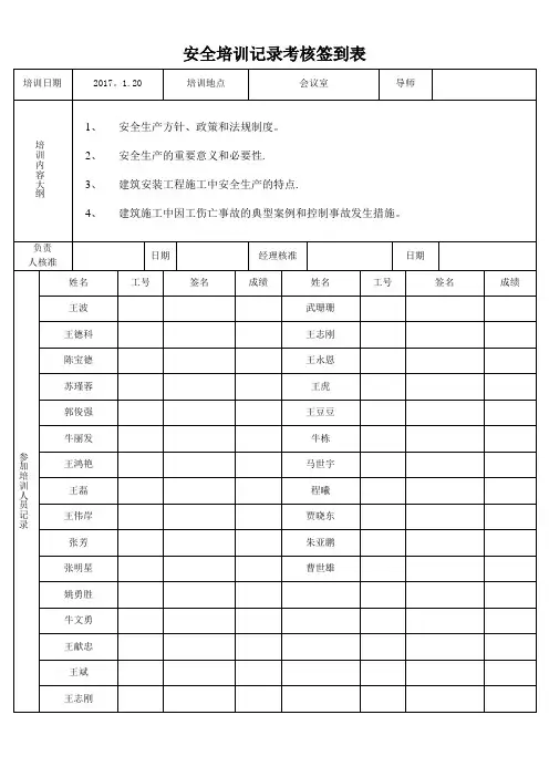 安全培训记录考核签到表【范本模板】