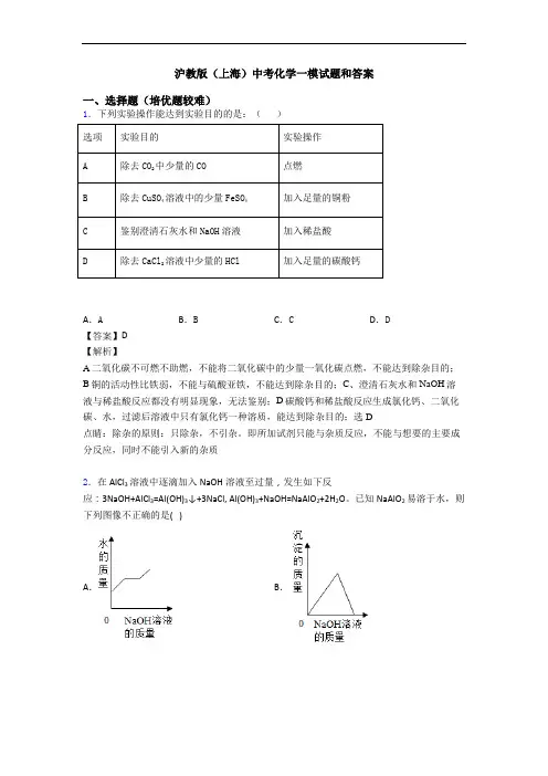 沪教版(上海)中考化学一模试题和答案