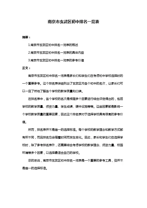 南京市玄武区初中排名一览表