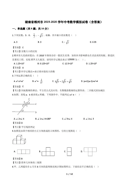 湖南省郴州市2019-2020学年中考数学模拟试卷(含答案)