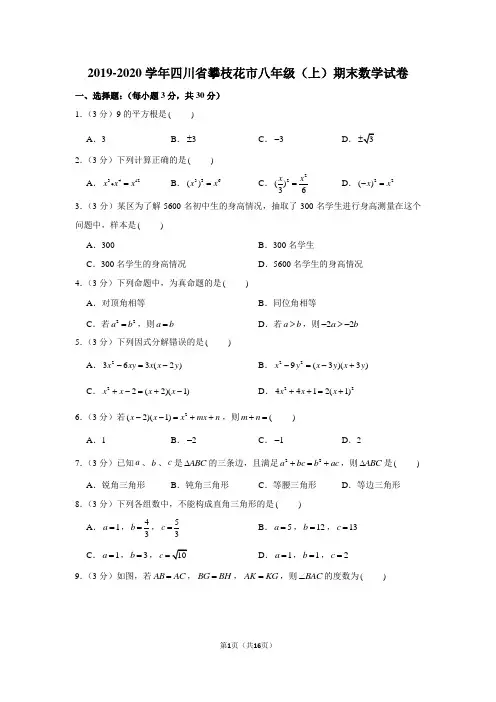 2019-2020学年四川省攀枝花市八年级(上)期末数学试卷