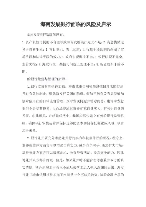海南发展银行面临的风险及启示