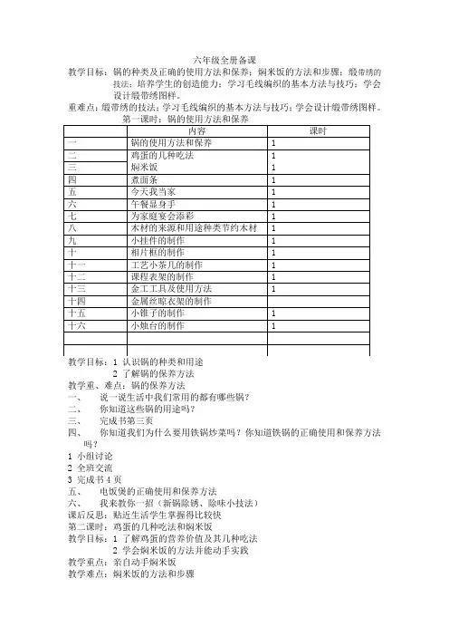 小学六年级劳动技术教案全册