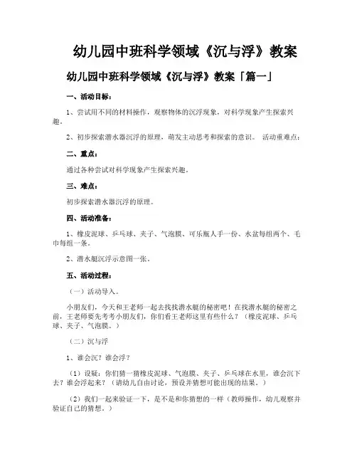 幼儿园中班科学领域《沉与浮》教案