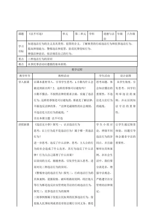 人教版八年级道德与法治上册法不可违教案