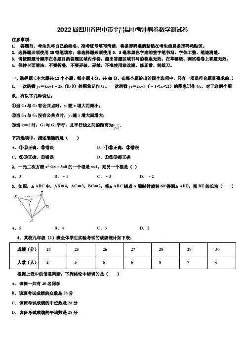 2022届四川省巴中市平昌县中考冲刺卷数学试题(含答案解析)
