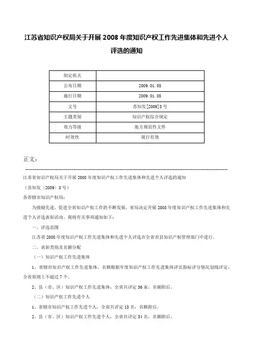 江苏省知识产权局关于开展2008年度知识产权工作先进集体和先进个人评选的通知-苏知发[2009]3号