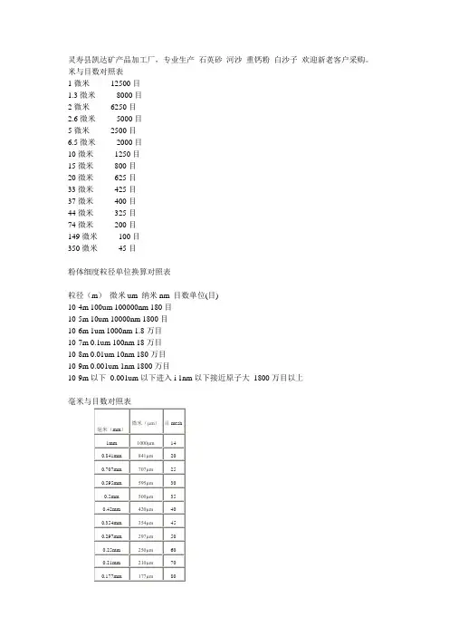 毫米 微米 目对照表 换算表