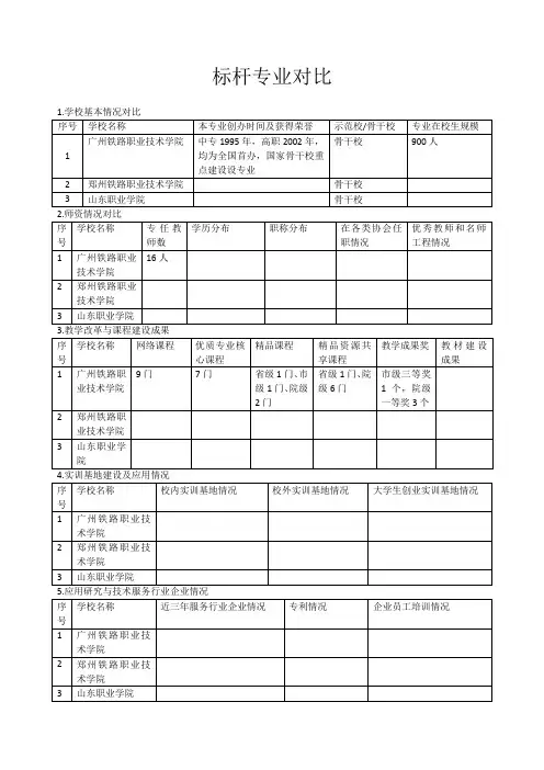 标杆专业对比表格