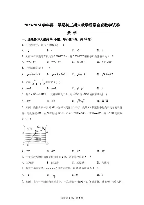 广东省东莞市东莞中学2023-2024学年九年级上学期期末数学试题[答案]