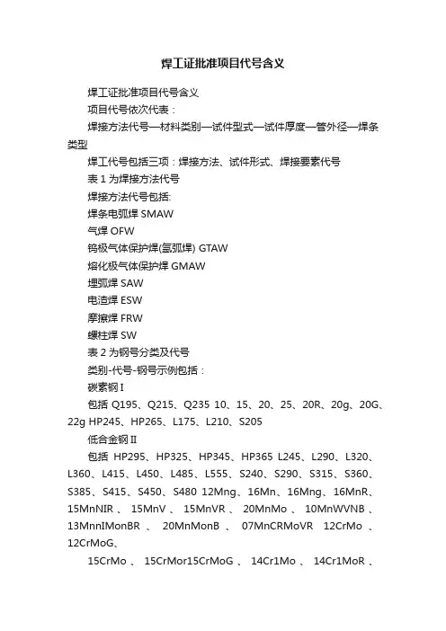 焊工证批准项目代号含义