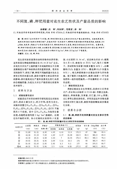 不同氮、磷、钾肥用量对花生农艺性状及产量品质的影响