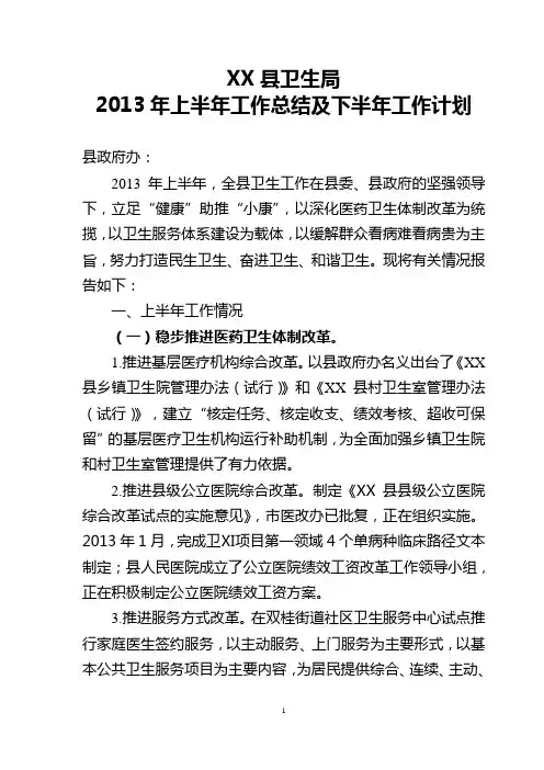 县卫生局上半年总结及下半年工作计划