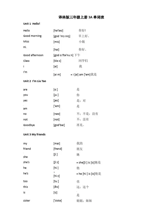 译林版小学英语单词表(带音标)