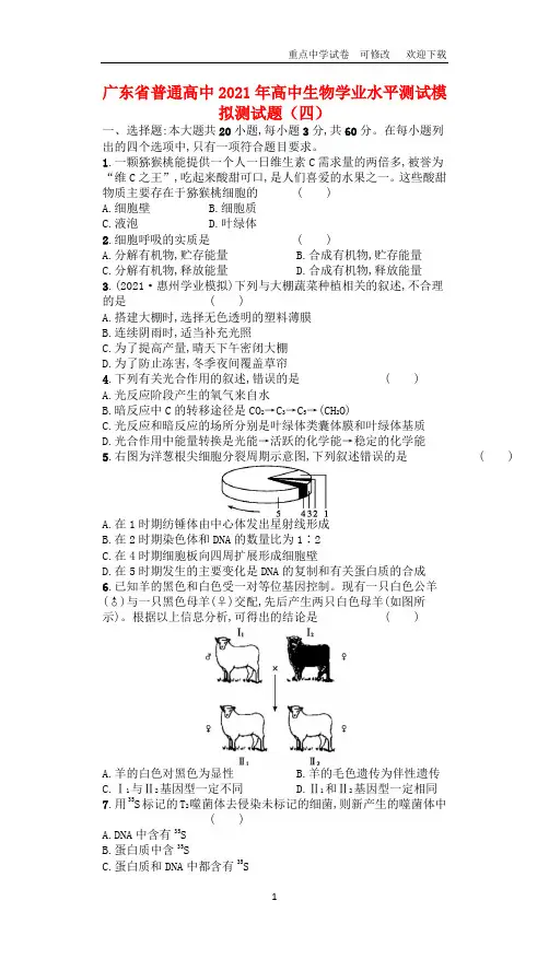 广东省普通高中2021年高中生物学业水平测试模拟测试题(四)