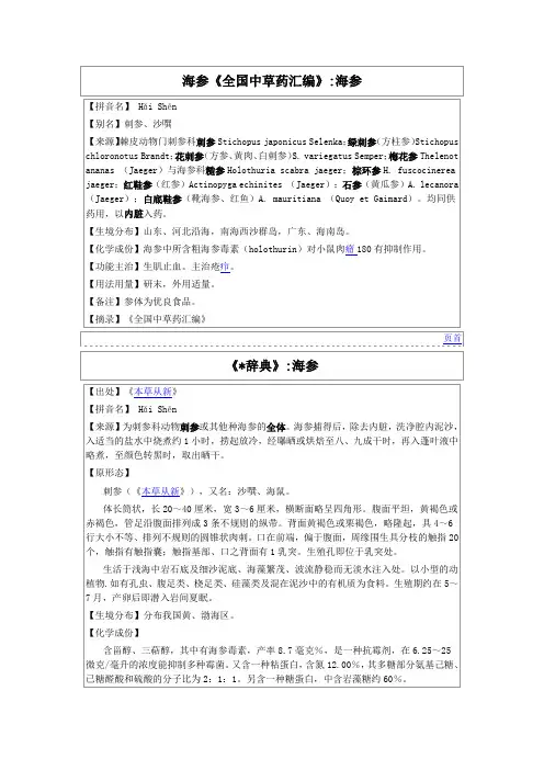 海参《全国中草药汇编》