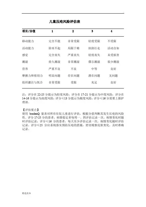 儿童压疮评估表