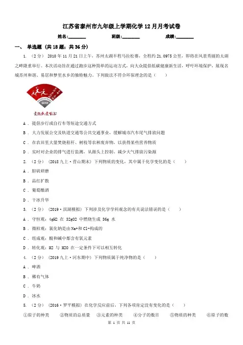 江苏省泰州市九年级上学期化学12月月考试卷