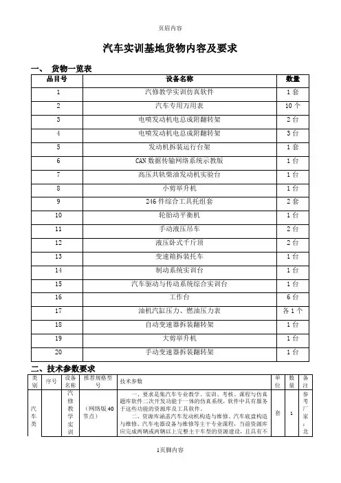 汽车实训设备实训基地装备内容要求