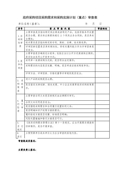 采购需求和采购实施计划(重点)审查表