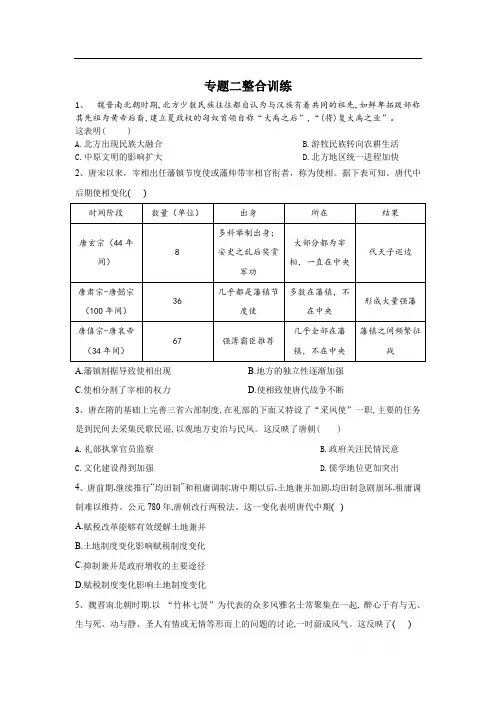 2020届高考历史总复习专题整合练习：专题2 中国古代史—魏晋南北朝至宋元时期 
