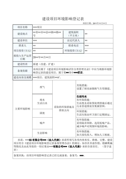 建设项目环境影响登记表(模板)